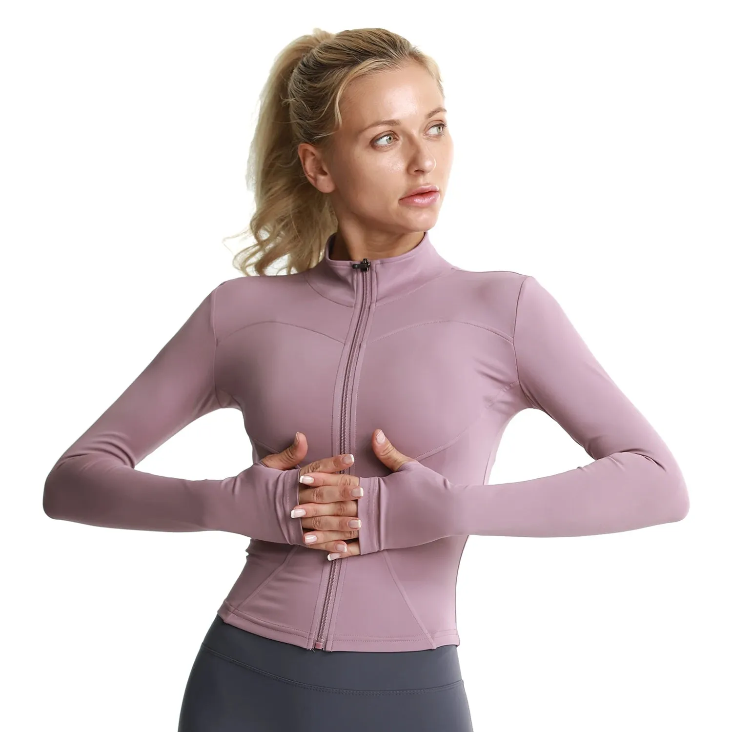 Women's Athletic Slim Fit Sport Jacket – Long Sleeve Yoga & Gym Workout Coat with Thumb Hol