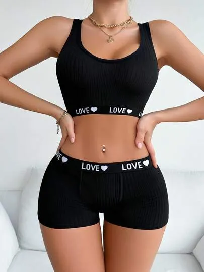 Women's Bra & Briefs Underwear Set – Letter Print Waistband, Soft & Stretchy