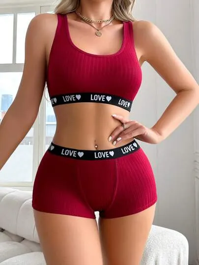 Women's Bra & Briefs Underwear Set – Letter Print Waistband, Soft & Stretchy
