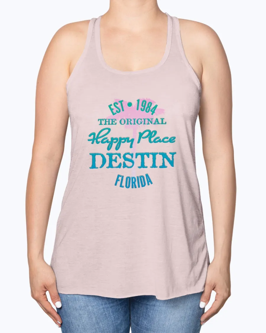 Womens Destin Florida Beach Is My Happy Place Tank Top Est 1984 Pink Palm Tree