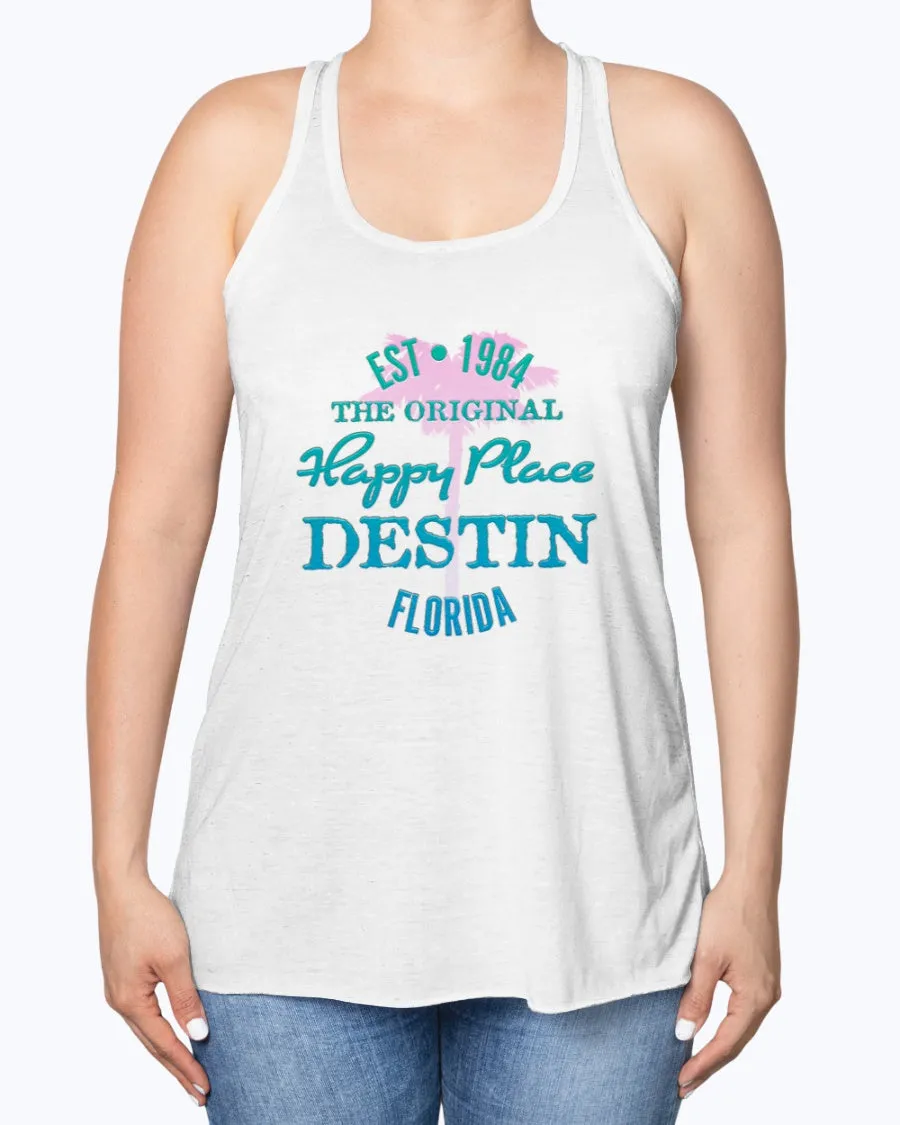 Womens Destin Florida Beach Is My Happy Place Tank Top Est 1984 Pink Palm Tree