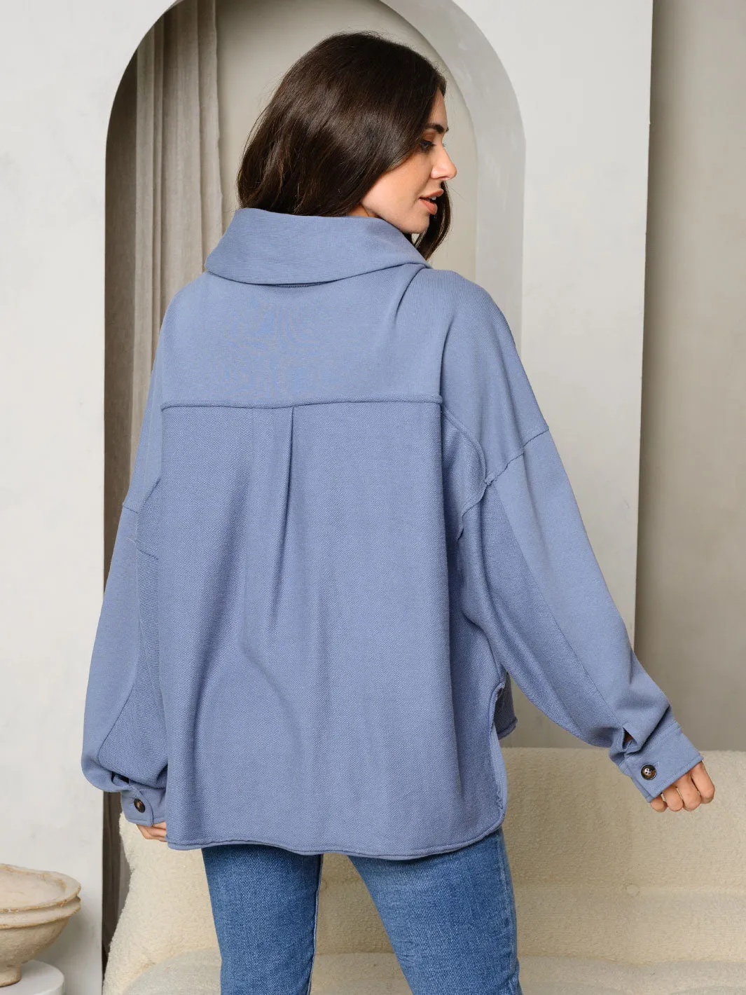 WOMEN'S LONG SLEEVE BUTTON UP FRENCH TERRY OVERSIZE JACKET