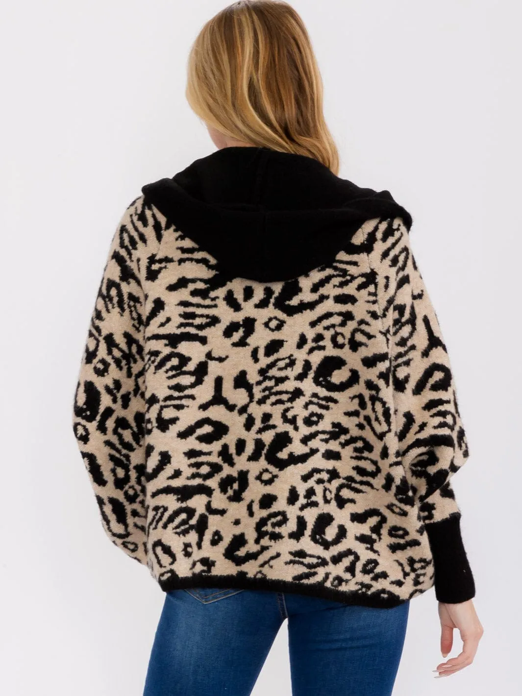 WOMEN'S LONG SLEEVE OPEN FRONT HOODED ANIMAL PRINT CARDIGAN