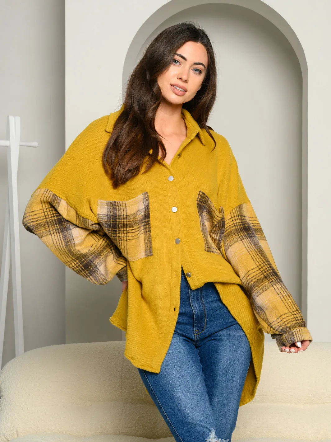 WOMEN'S LONG SLEEVE OVERSIZED BUTTON UP PLAID COLORBLOCK TOP