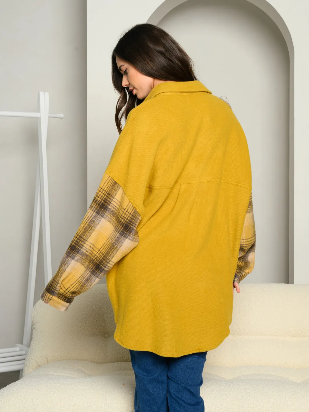 WOMEN'S LONG SLEEVE OVERSIZED BUTTON UP PLAID COLORBLOCK TOP