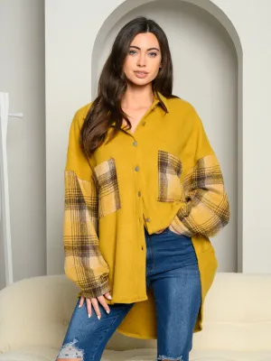 WOMEN'S LONG SLEEVE OVERSIZED BUTTON UP PLAID COLORBLOCK TOP