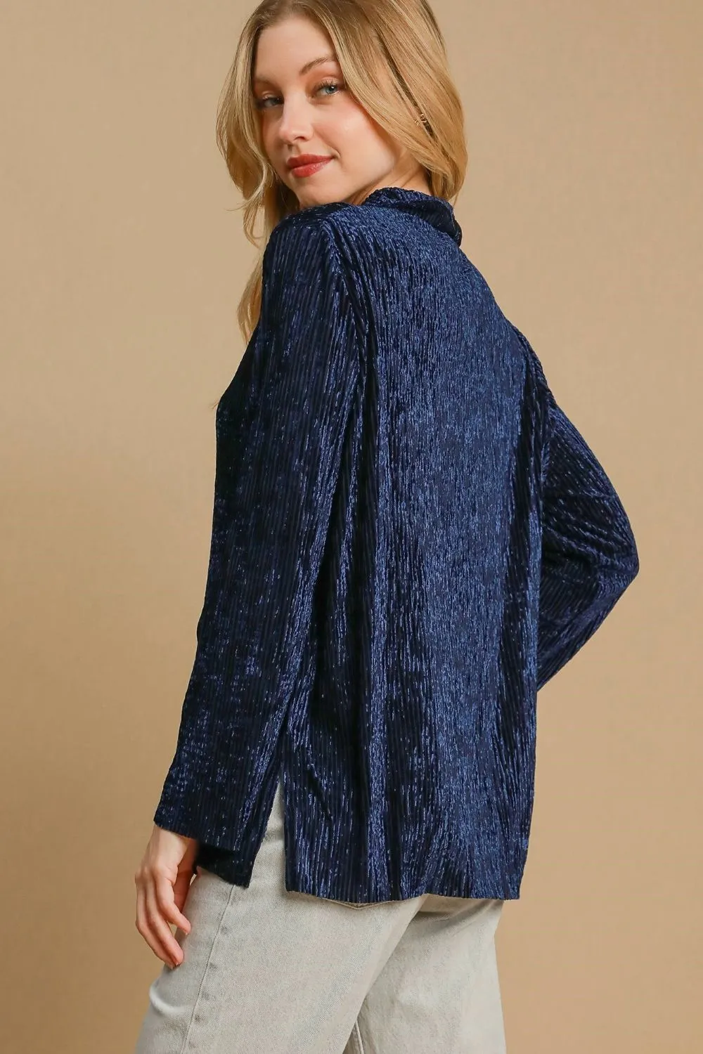 Women’s Navy Color Side Slit Texture Button Up Shirt