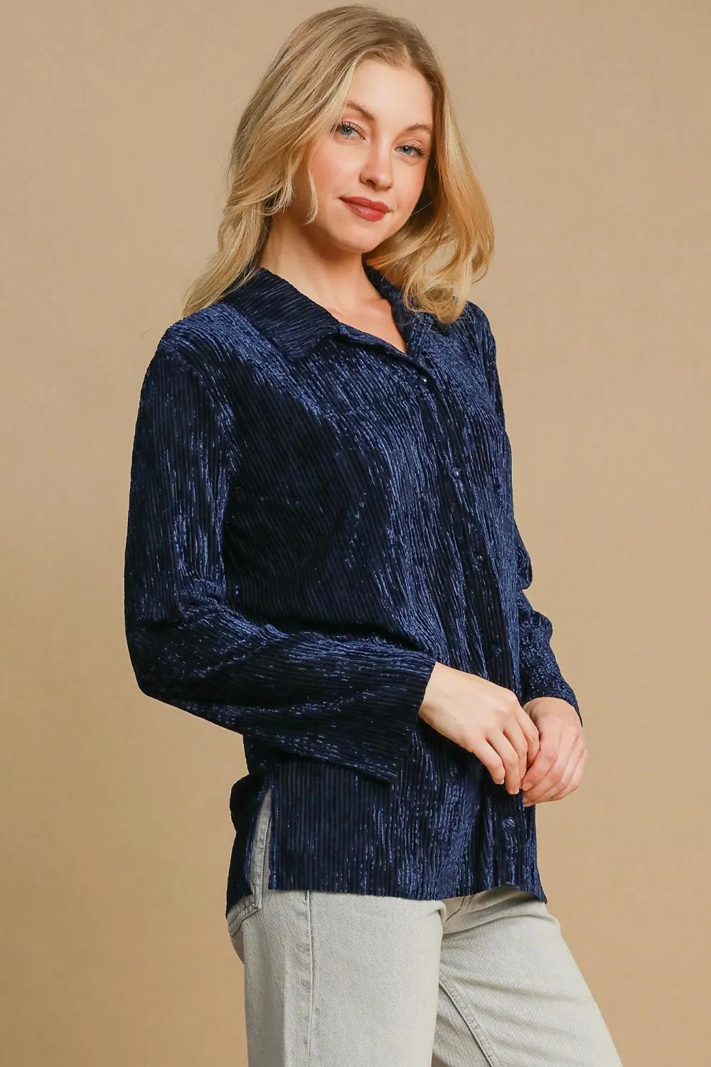 Women’s Navy Color Side Slit Texture Button Up Shirt