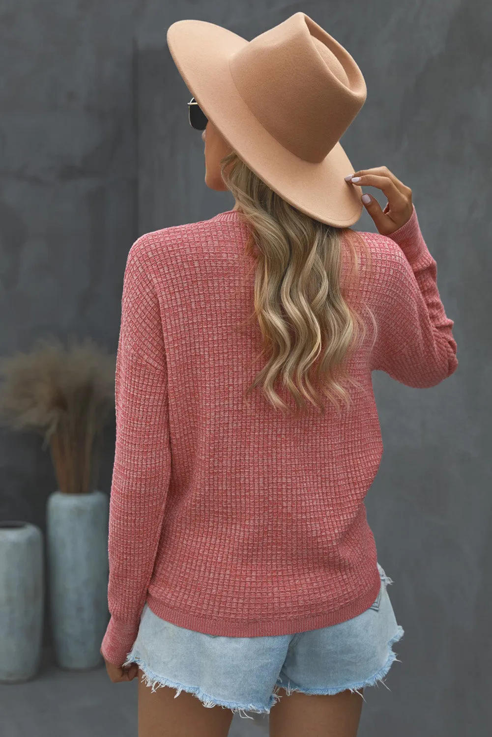 Women's Pink Deep V-neck Long Sleeve Knit Sweater