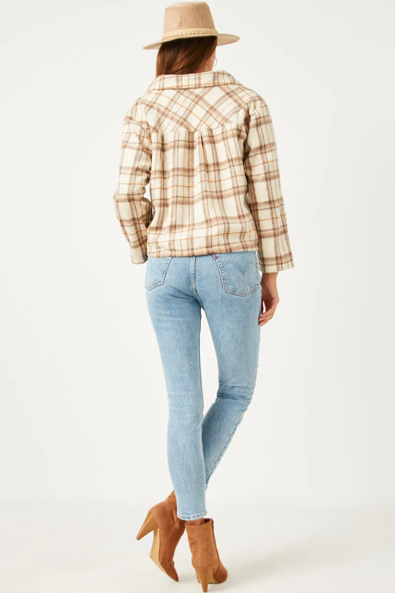 Womens Plaid Wide Sleeve Patch Shacket