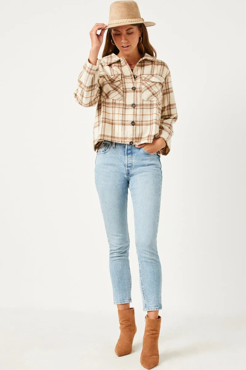 Womens Plaid Wide Sleeve Patch Shacket