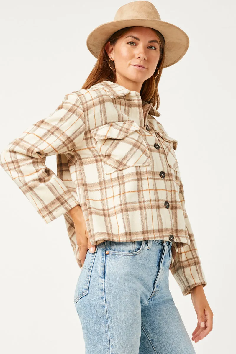Womens Plaid Wide Sleeve Patch Shacket