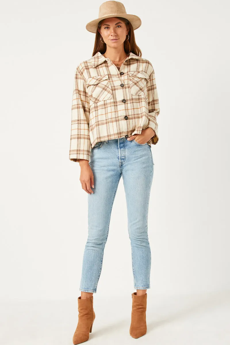 Womens Plaid Wide Sleeve Patch Shacket