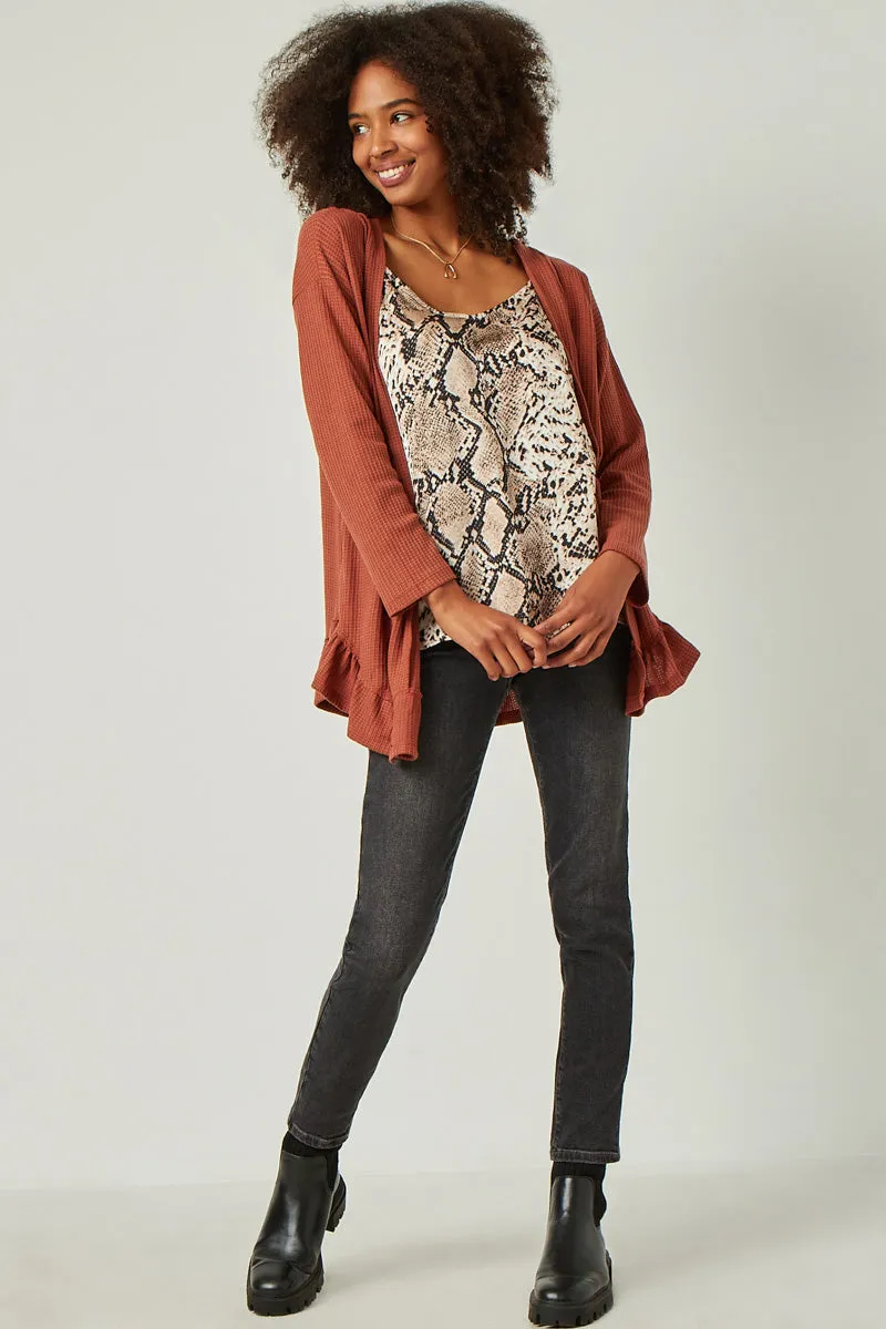 Womens Ruffle Hem Waffle Knit Cardigan