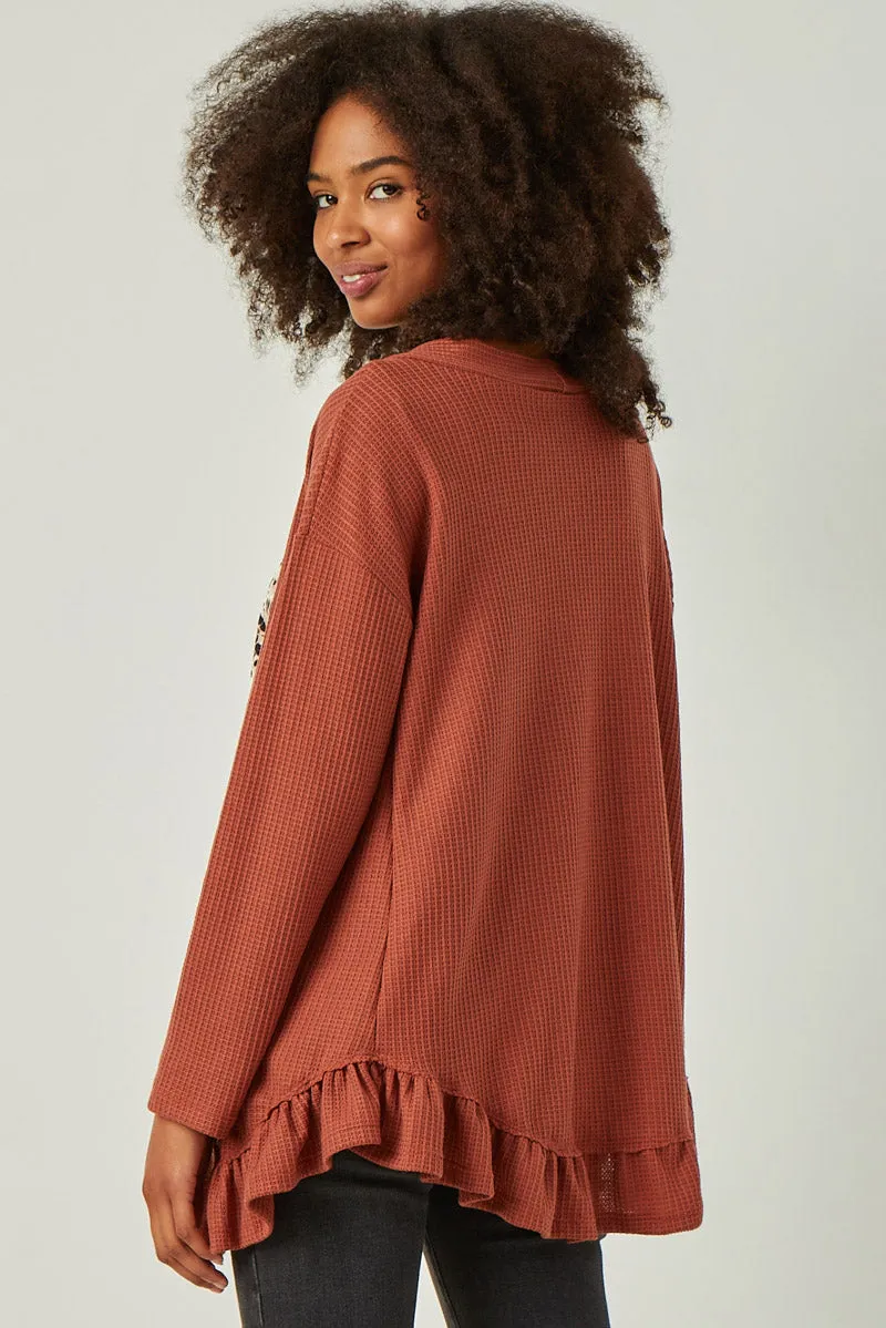 Womens Ruffle Hem Waffle Knit Cardigan
