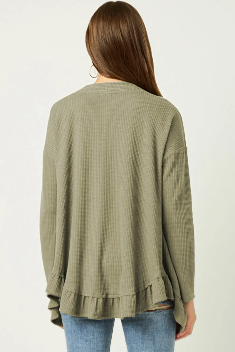 Womens Ruffle Hem Waffle Knit Cardigan
