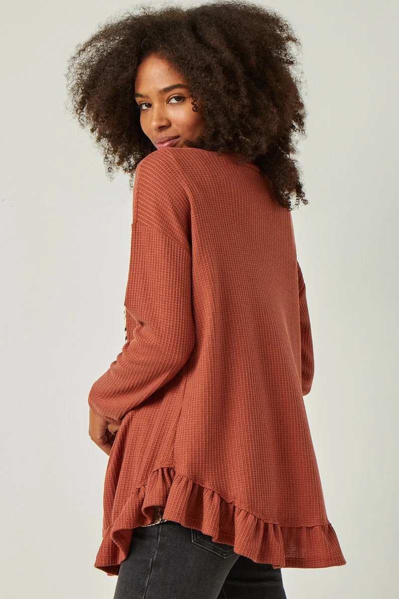 Womens Ruffle Hem Waffle Knit Cardigan