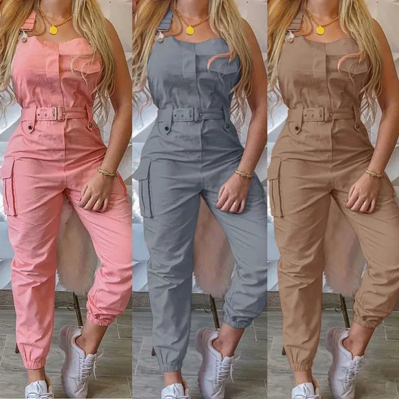 Women's Sleeveless High Waist Cargo Jumpsuit | Solid Color with Pockets