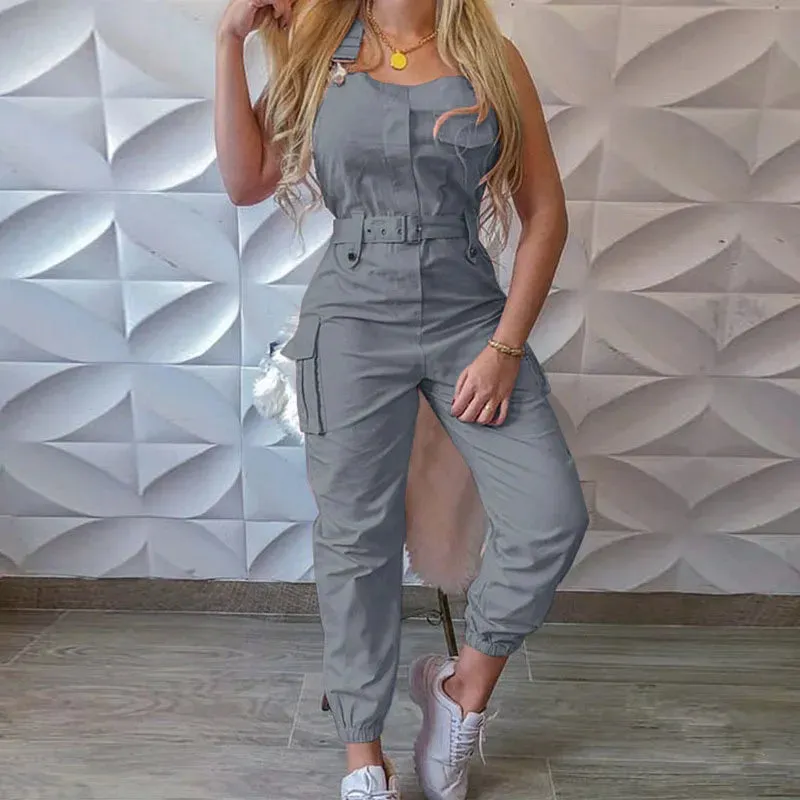 Women's Sleeveless High Waist Cargo Jumpsuit | Solid Color with Pockets