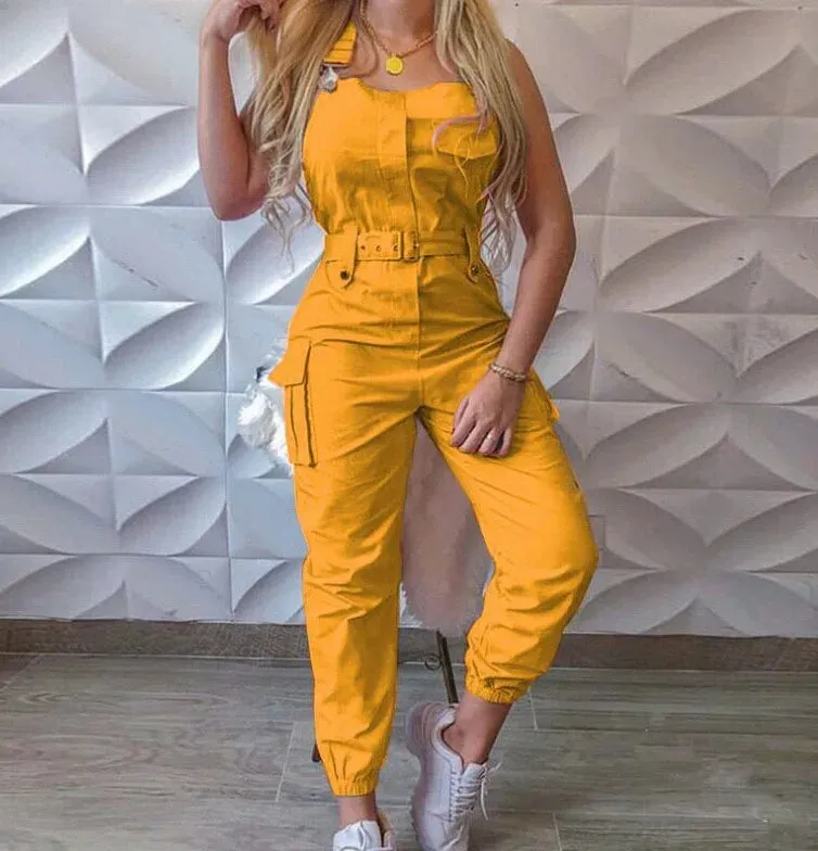 Women's Sleeveless High Waist Cargo Jumpsuit | Solid Color with Pockets