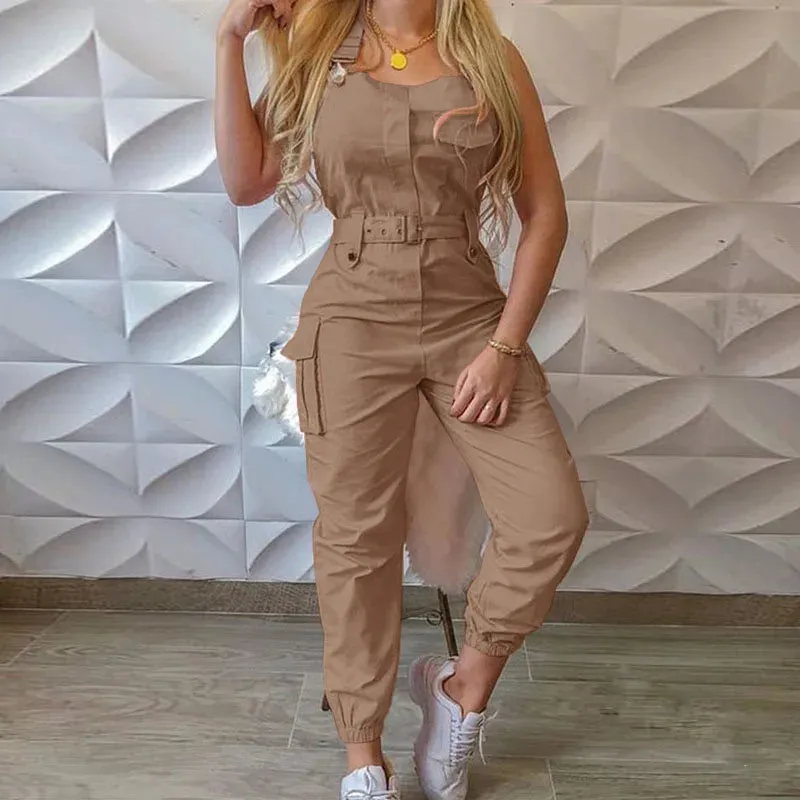 Women's Sleeveless High Waist Cargo Jumpsuit | Solid Color with Pockets