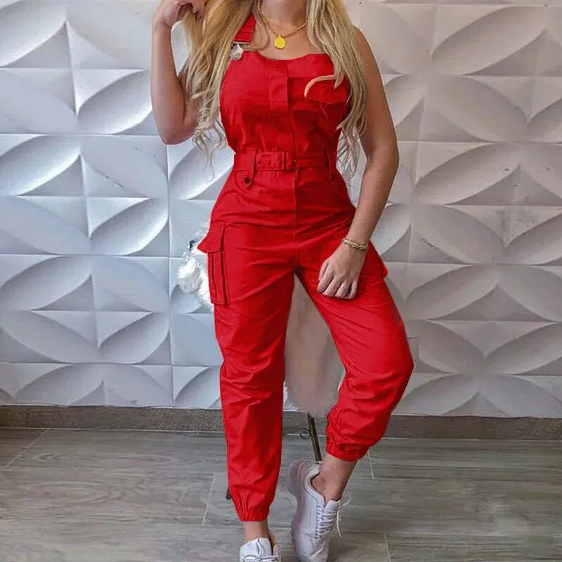 Women's Sleeveless High Waist Cargo Jumpsuit | Solid Color with Pockets