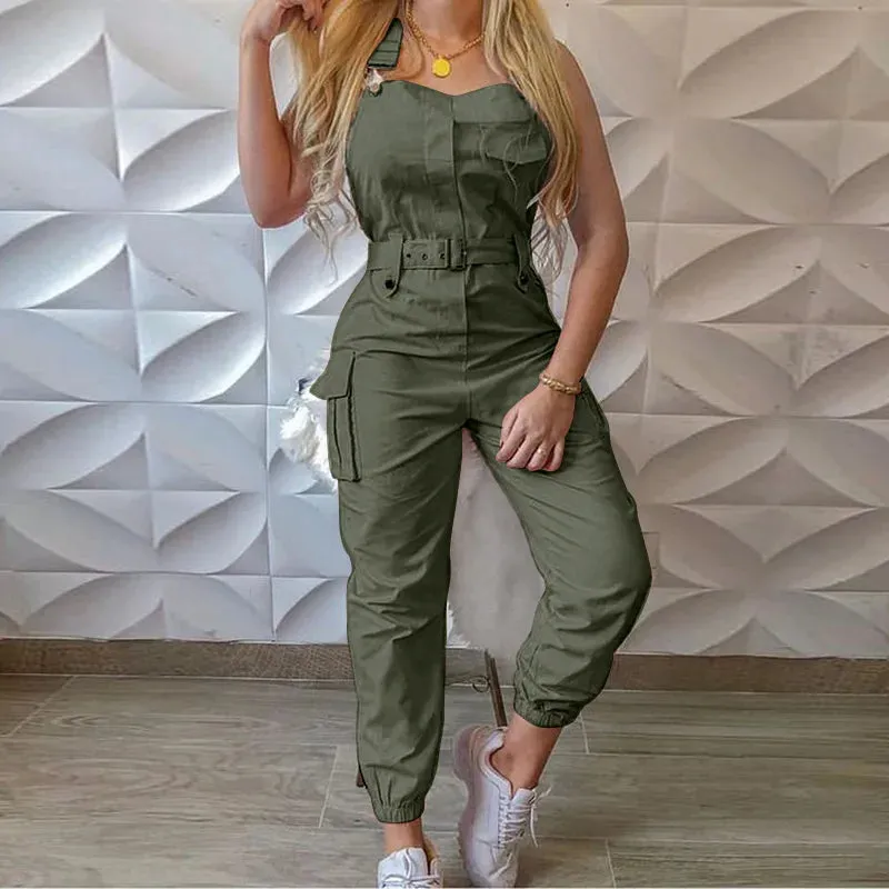 Women's Sleeveless High Waist Cargo Jumpsuit | Solid Color with Pockets