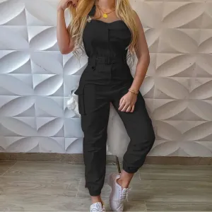 Women's Sleeveless High Waist Cargo Jumpsuit | Solid Color with Pockets