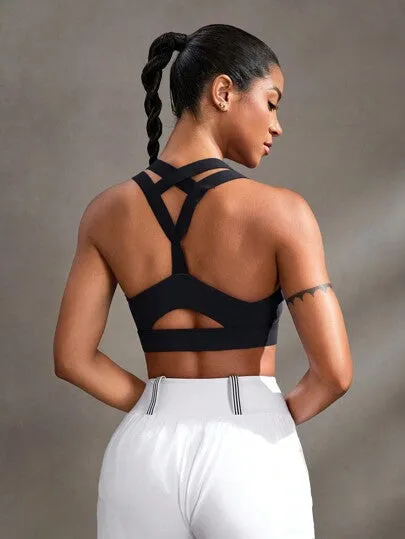 Women’s Solid Color Criss-Cross Seamless Sports Bra – Wire-Free & Stretchy
