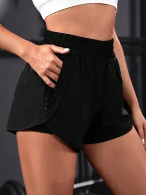 Women’s Solid Color Double-Layer Yoga Shorts – Anti-Light & Pocketed Activewear