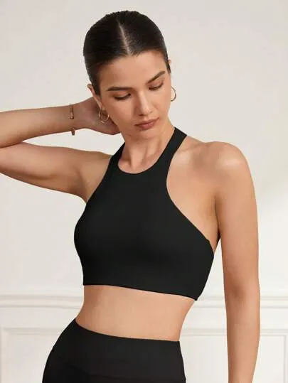 Women’s Solid Color Halter Neck Backless Sports Bra – Stylish & Supportive