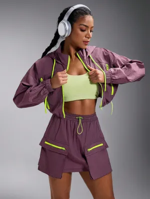 Women's Solid Color Splicing Front Zip Hooded Sports Jacket | Stylish & Functional