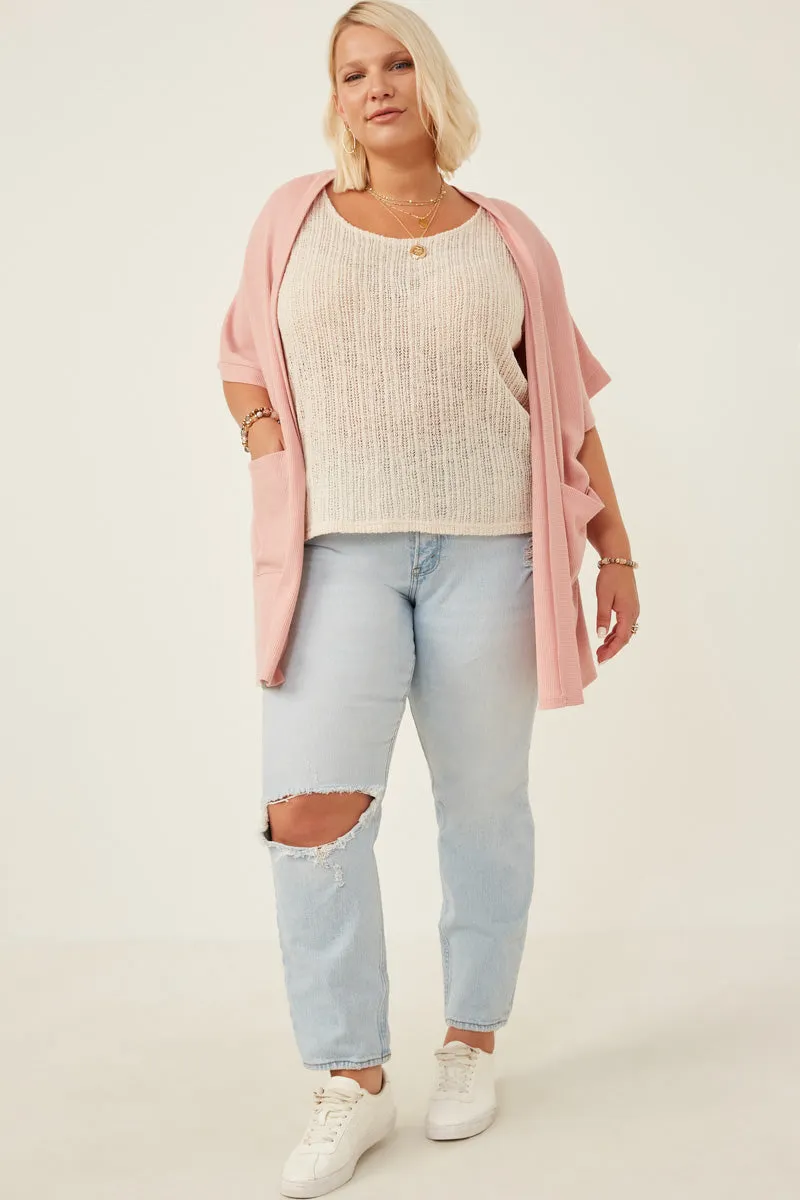 Womens Waffle Knit Short Sleeve Open Cardigan
