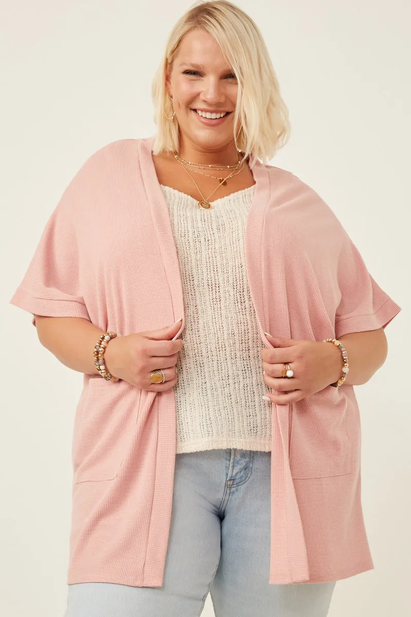 Womens Waffle Knit Short Sleeve Open Cardigan