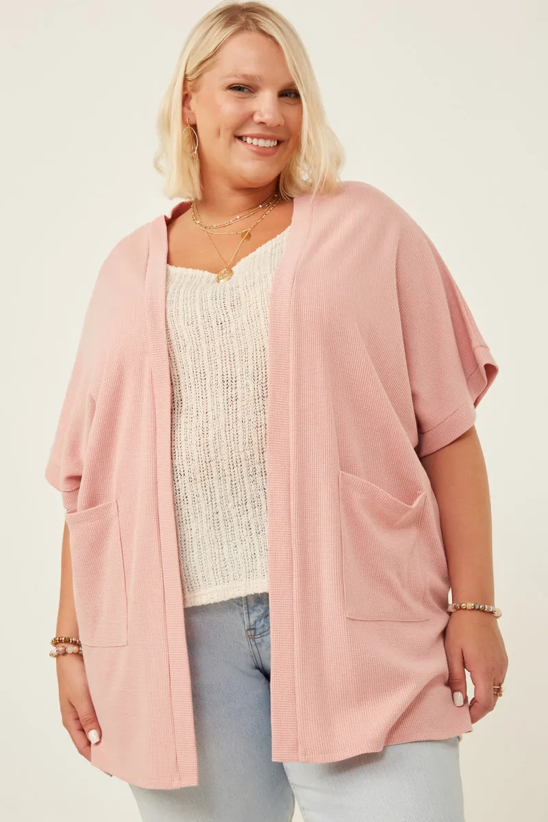 Womens Waffle Knit Short Sleeve Open Cardigan