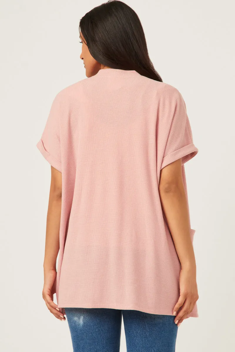 Womens Waffle Knit Short Sleeve Open Cardigan