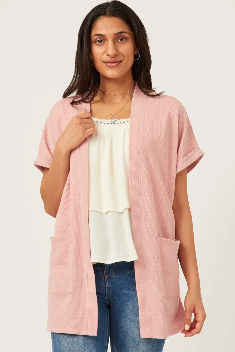 Womens Waffle Knit Short Sleeve Open Cardigan