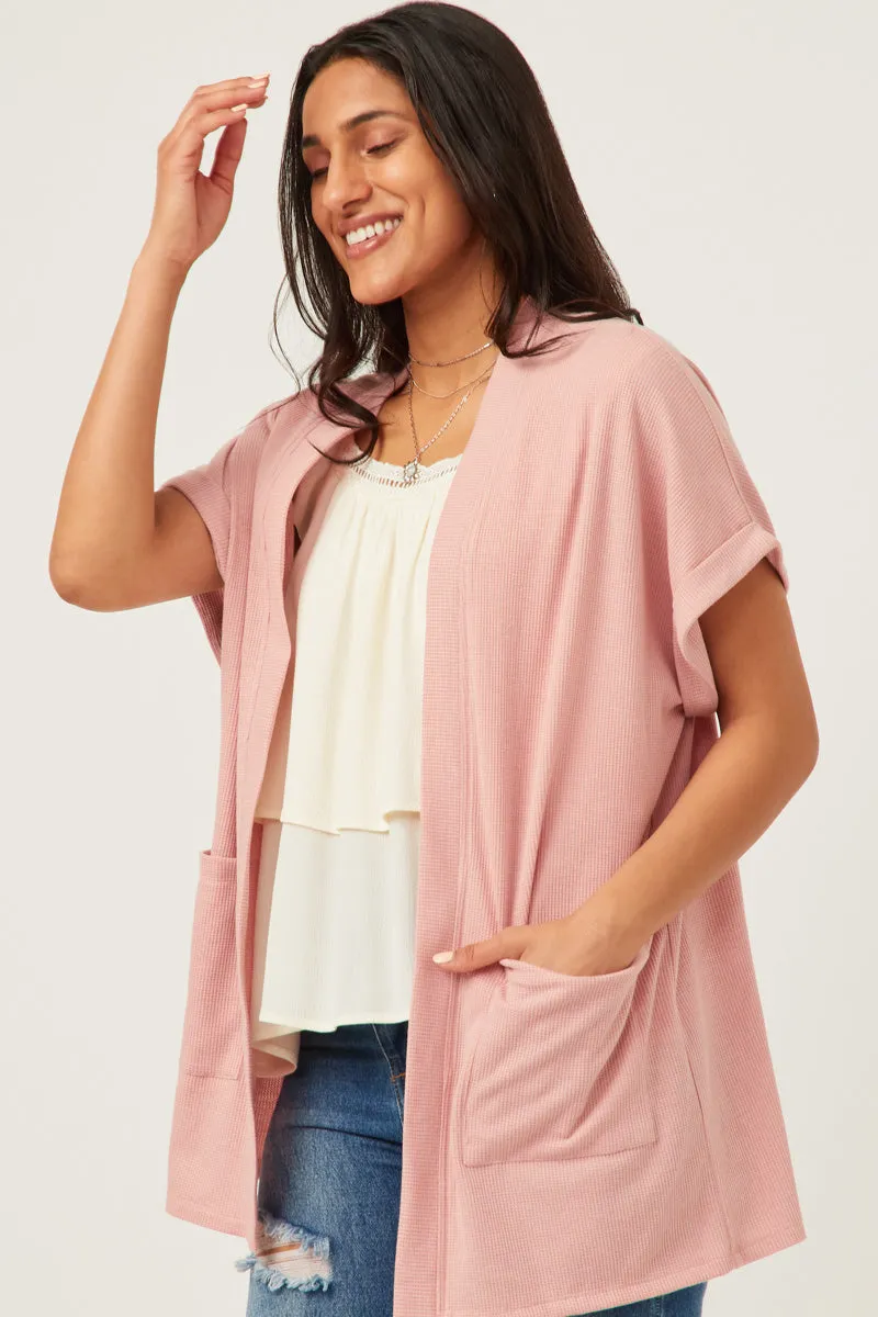 Womens Waffle Knit Short Sleeve Open Cardigan