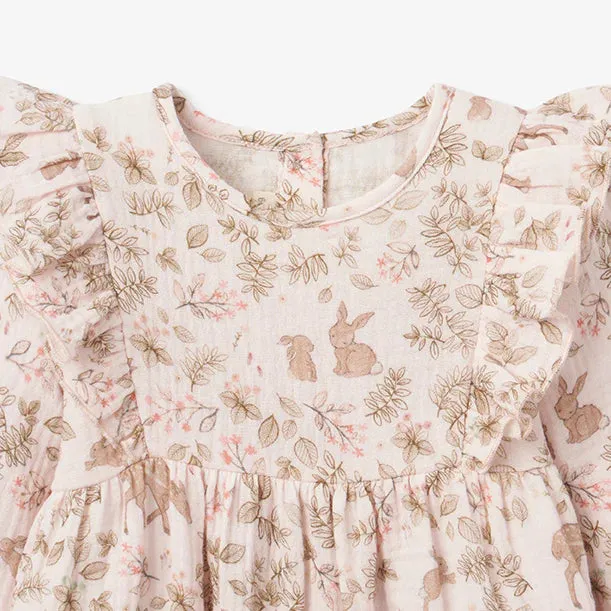 WOODLAND PRINT ORGANIC MUSLIN COLLARED DRESS & BLOOMER SET