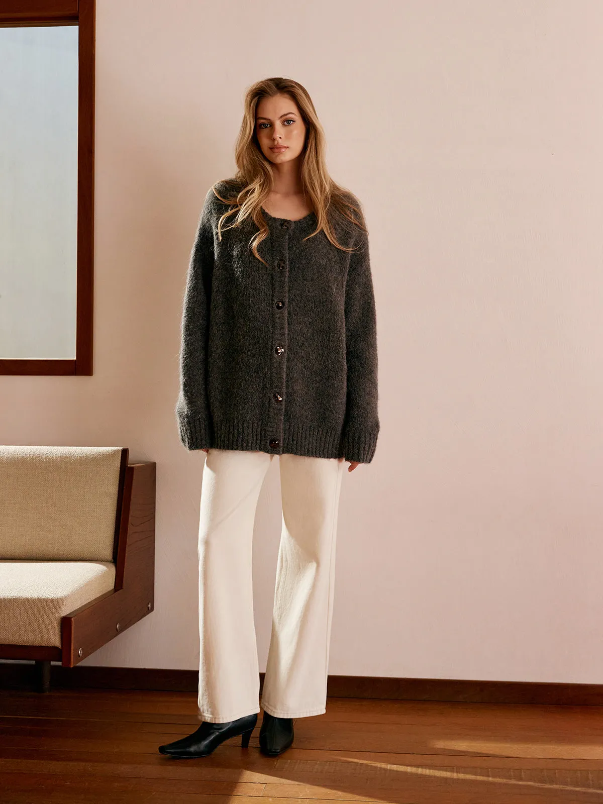 Wool-Blend Button Draped Cardigan