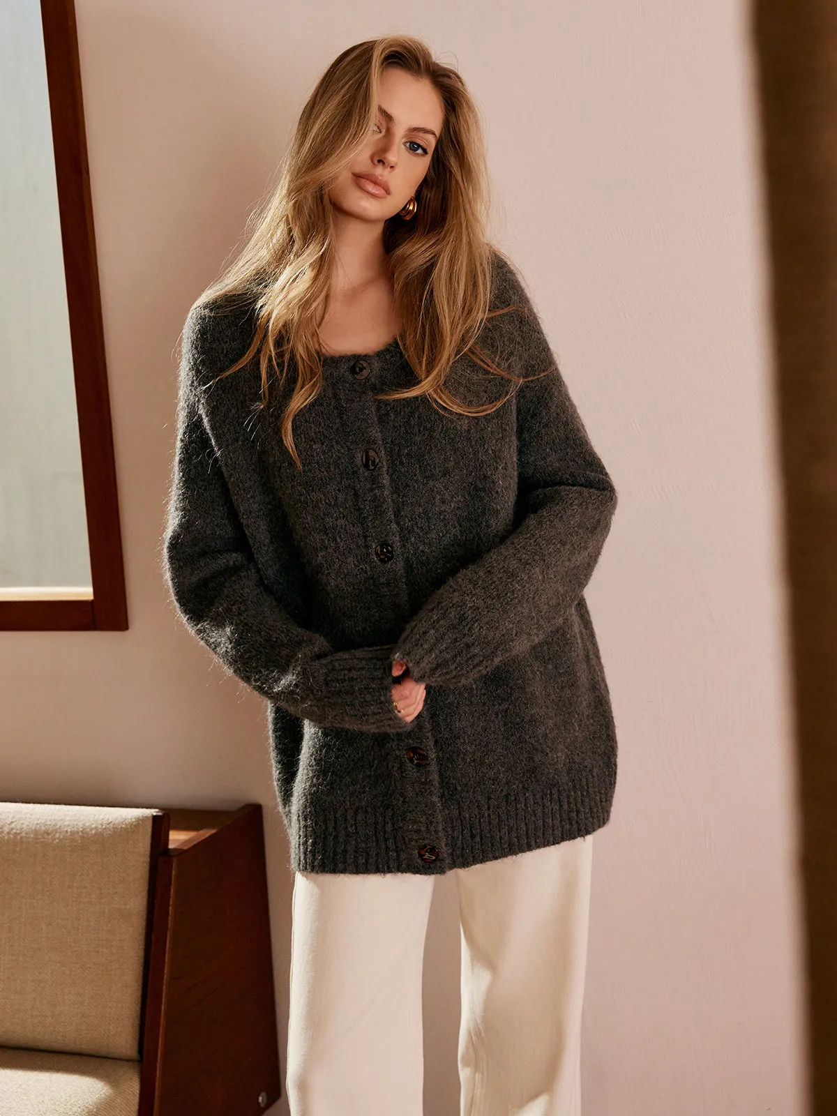 Wool-Blend Button Draped Cardigan