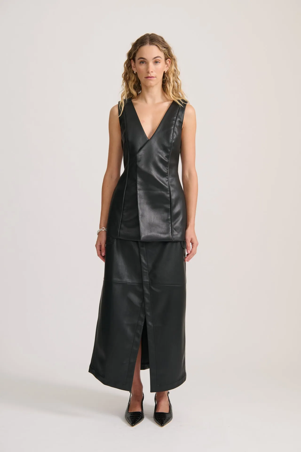 WRAP TUNIC VEGAN LEATHER TOP	BLACK