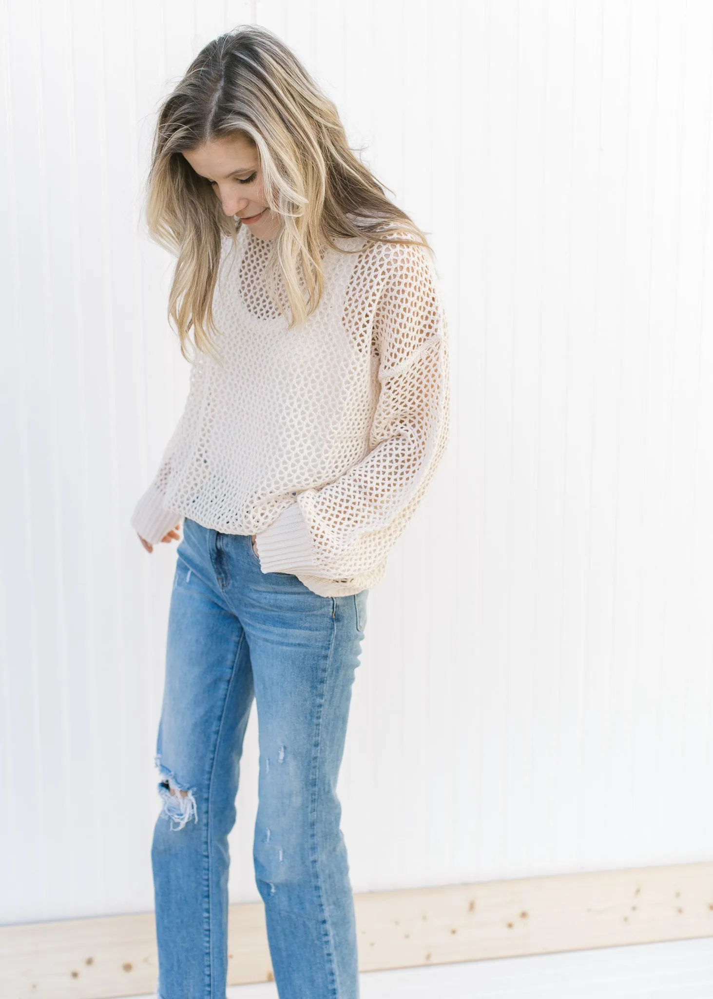X Open Weave Barely Cream Sweater