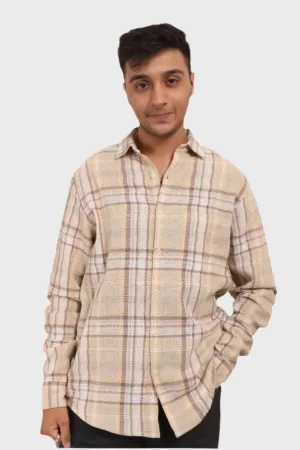 XKIND MENS'S OCHRE TEXTURED CHECKS REGULAR FIT SHIRT