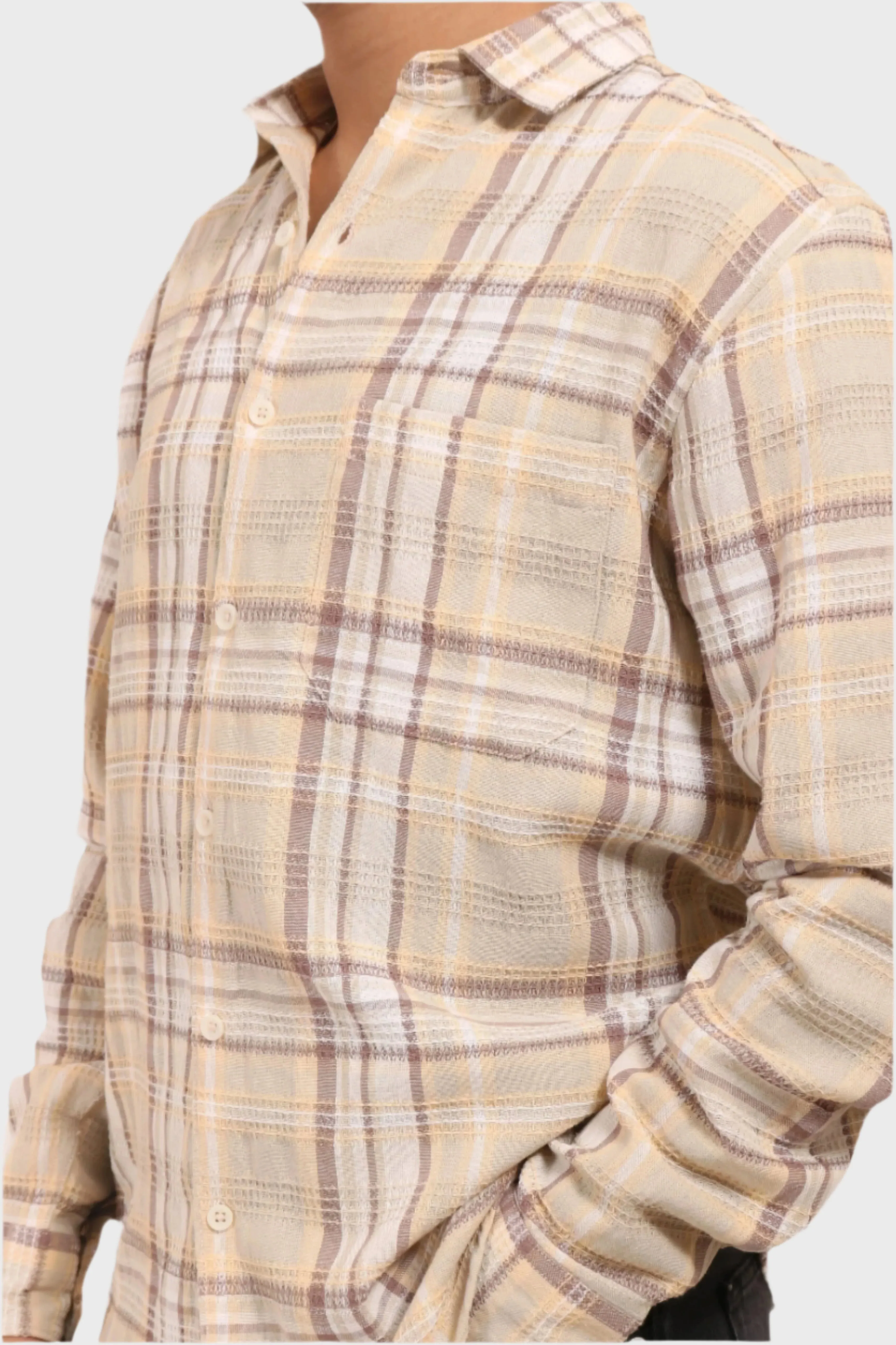 XKIND MENS'S OCHRE TEXTURED CHECKS REGULAR FIT SHIRT