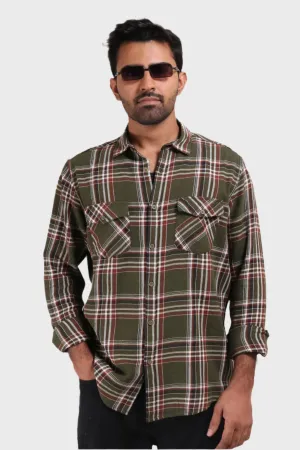 XKIND MENS'S OLIVE GREEN TEXTURED CHECKS REGULAR FIT SHIRT