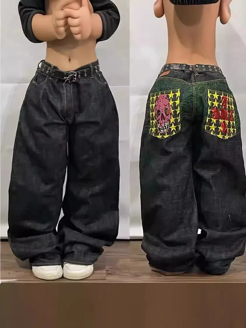 Y2K  Jeans New Harajuku Hip Hop Retro Skull Graphic Embroidered Baggy Jeans Denim Pants Men Women Goth High Waist Wide Trousers