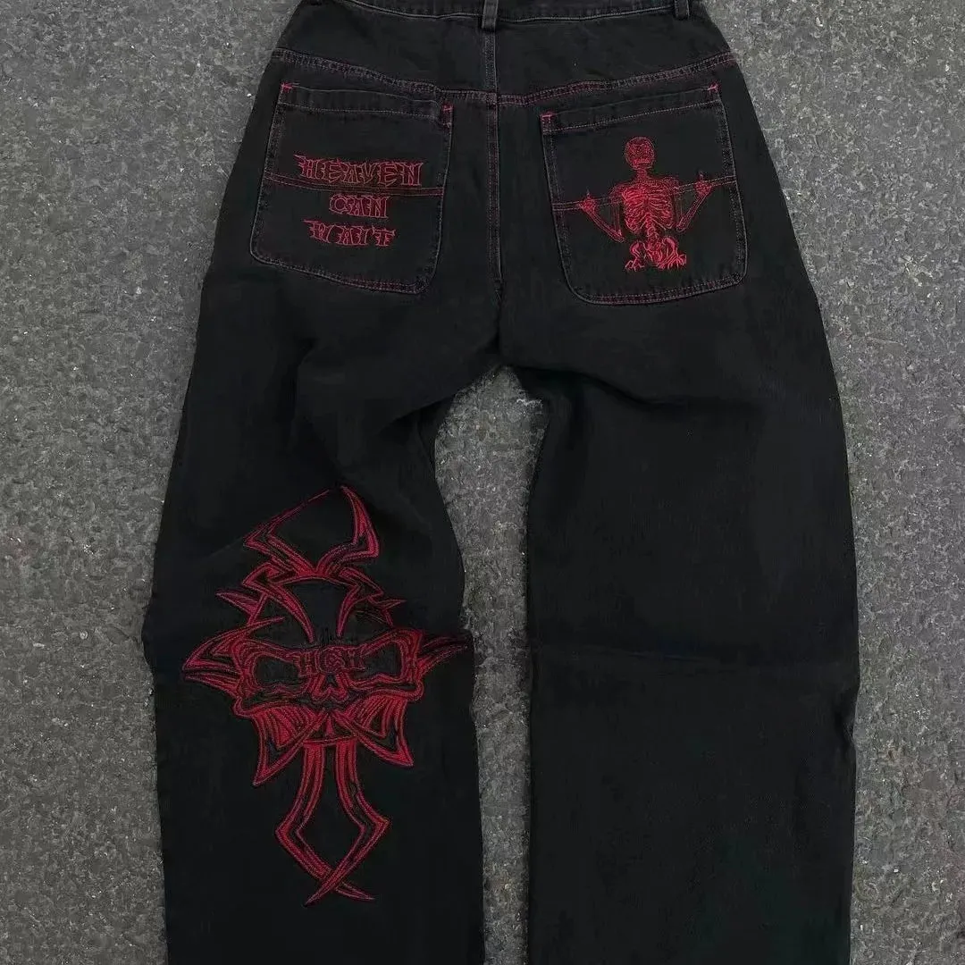 Y2K  Jeans New Harajuku Hip Hop Retro Skull Graphic Embroidered Baggy Jeans Denim Pants Men Women Goth High Waist Wide Trousers