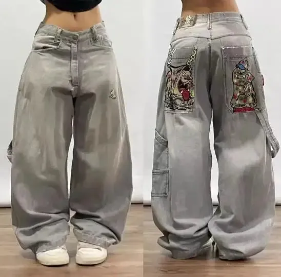 Y2K  Jeans New Harajuku Hip Hop Retro Skull Graphic Embroidered Baggy Jeans Denim Pants Men Women Goth High Waist Wide Trousers