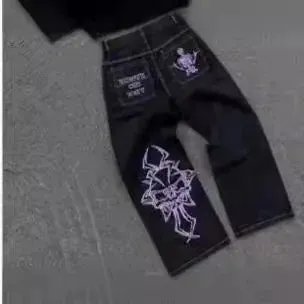 Y2K  Jeans New Harajuku Hip Hop Retro Skull Graphic Embroidered Baggy Jeans Denim Pants Men Women Goth High Waist Wide Trousers